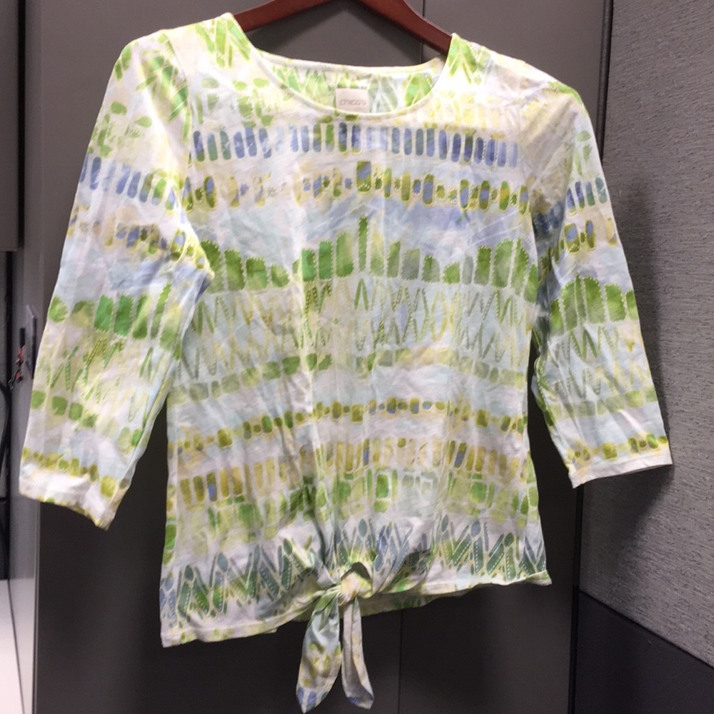 NWT Chico’s SZ 0(S/4) Lime Green Print Tie Front